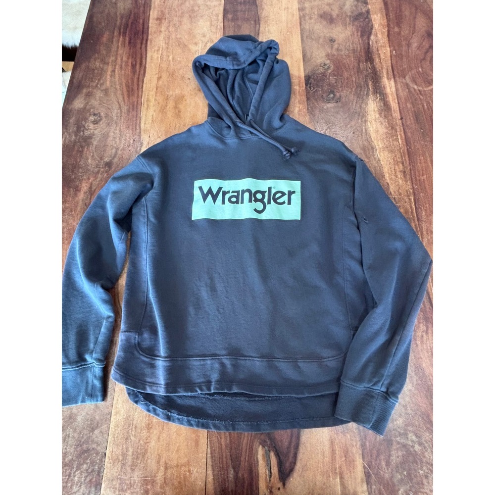 Wrangler hoodie womens size medium blue graphic logo pullover thrashed as is
